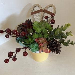 Cute Winter Decoration; Mug With Faux Succulents And Cute Mini Snowshoes